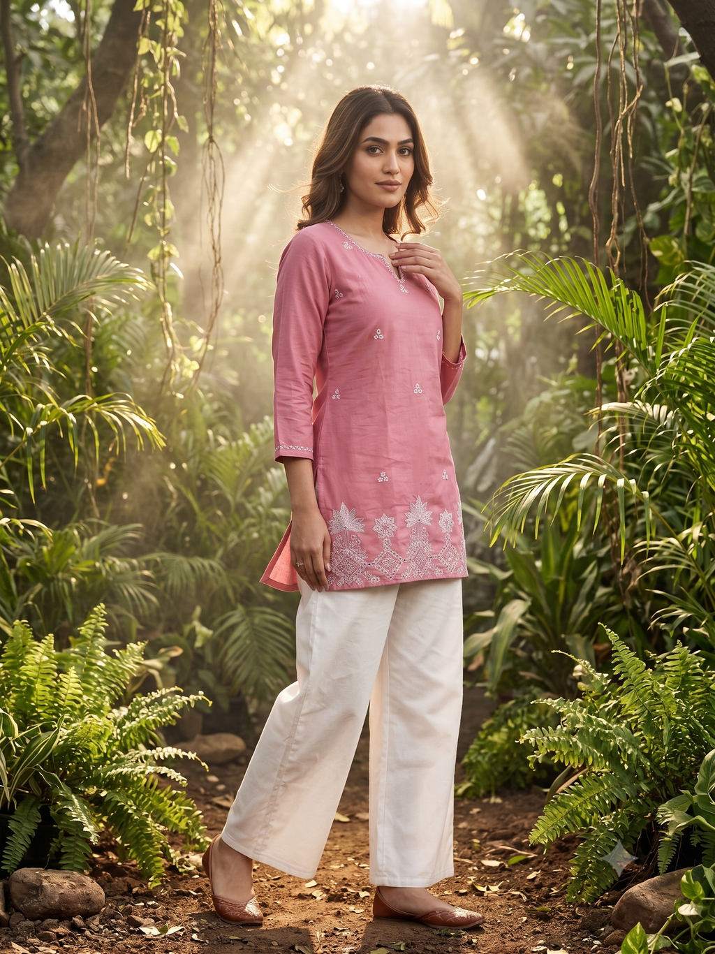 Fancy Cotton Embroidered Short Kurti with White Palazzo Set