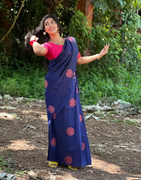 Soft silk blissful night blue colored, designer wear saree