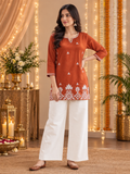 Charming Noir Elegance – Orange Cotton Straight Kurti with Exquisite White Floral Embroidery
