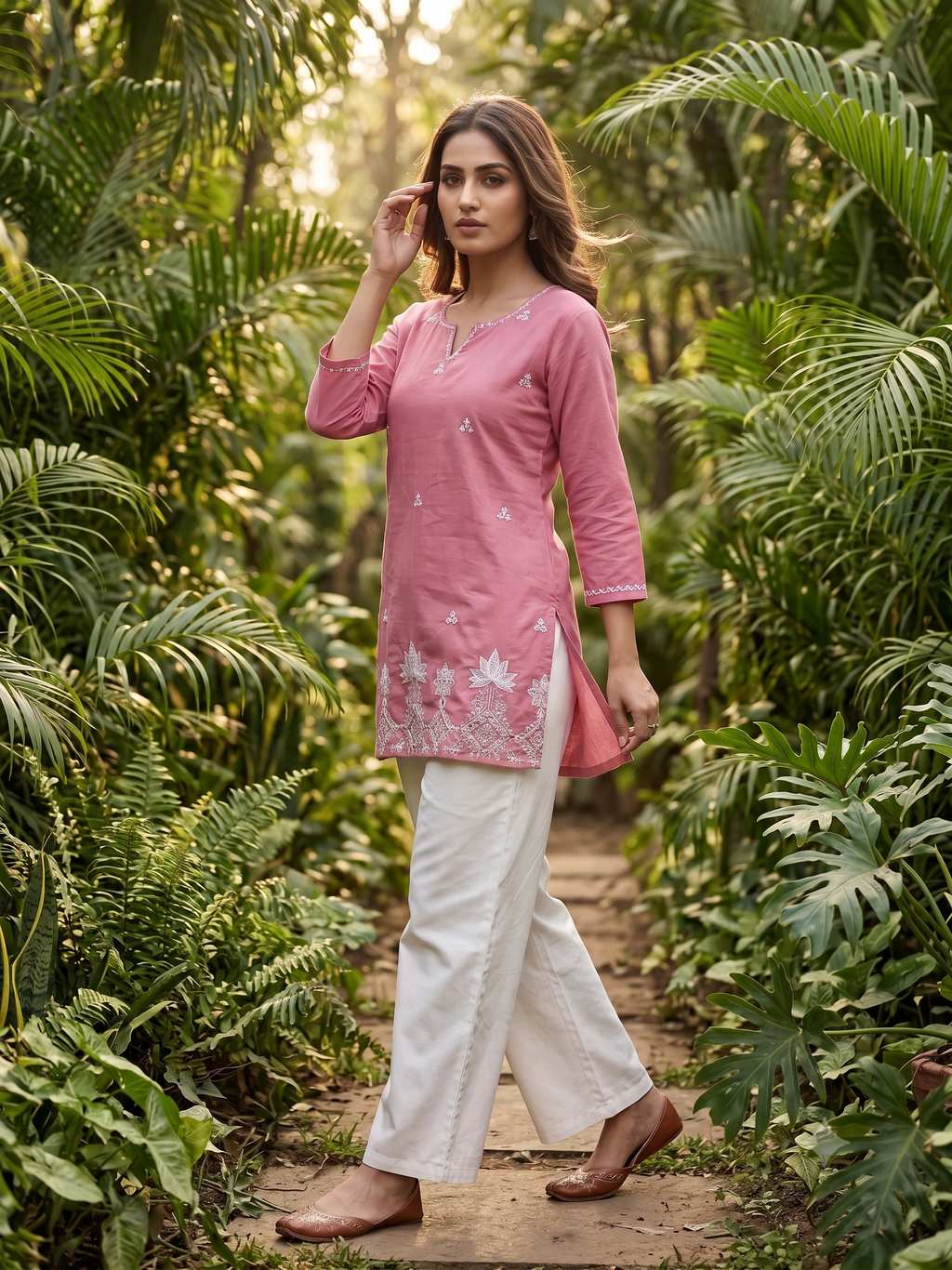 Fancy Cotton Embroidered Short Kurti with White Palazzo Set