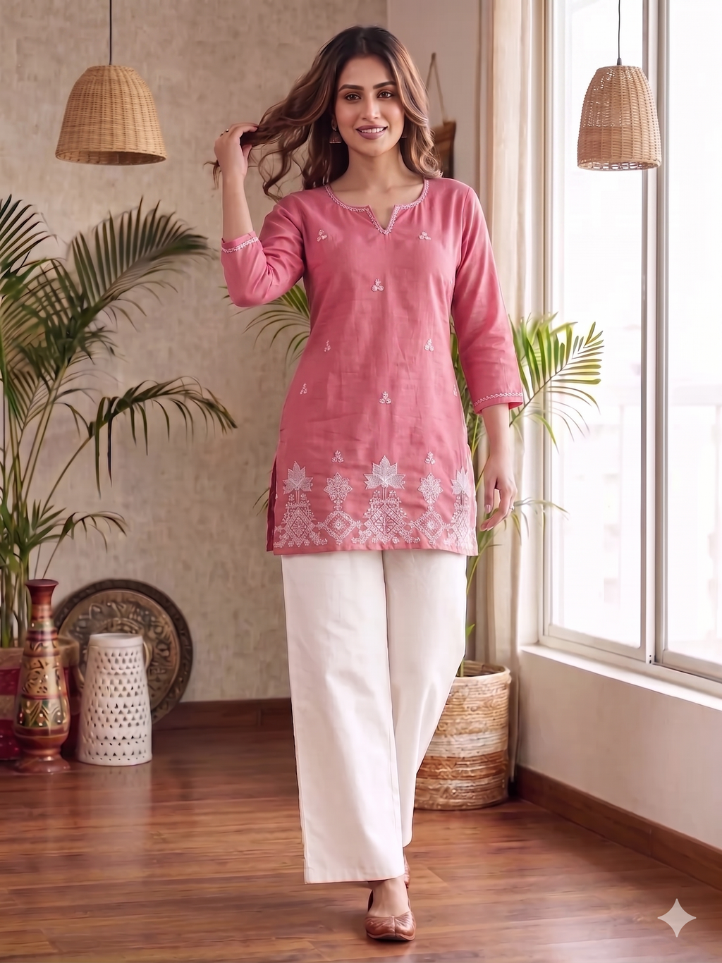 Elegant Peach Straight Kurti with Statement Floral Border With White Palazzos