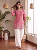 Elegant Peach Straight Kurti with Statement Floral Border With White Palazzos