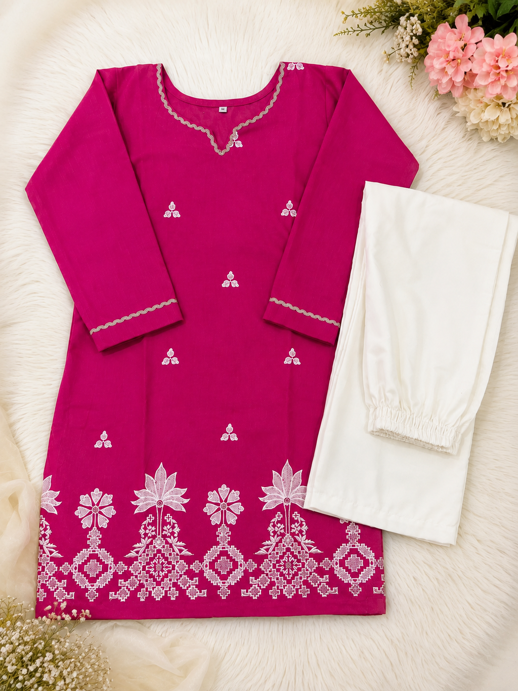 Latest Embroidered Cotton Straight Kurti with Elegant Floral Palazzos