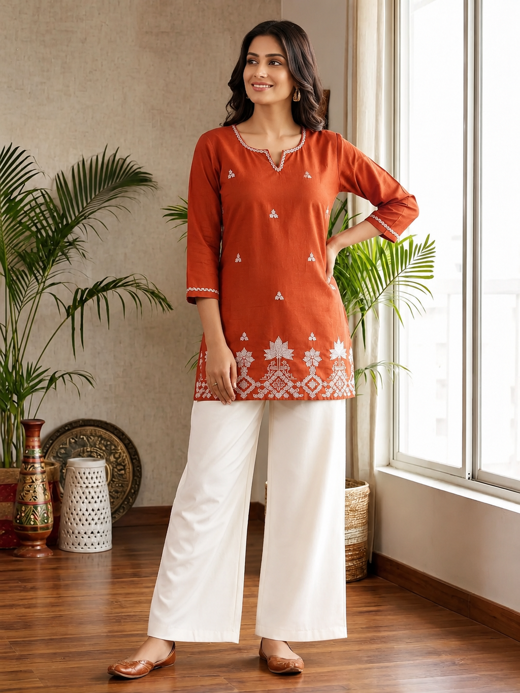 Orange & White Embroidered Kurti Set with Palazzo – Elegant Ethnic Co-Ord Set (Copy)