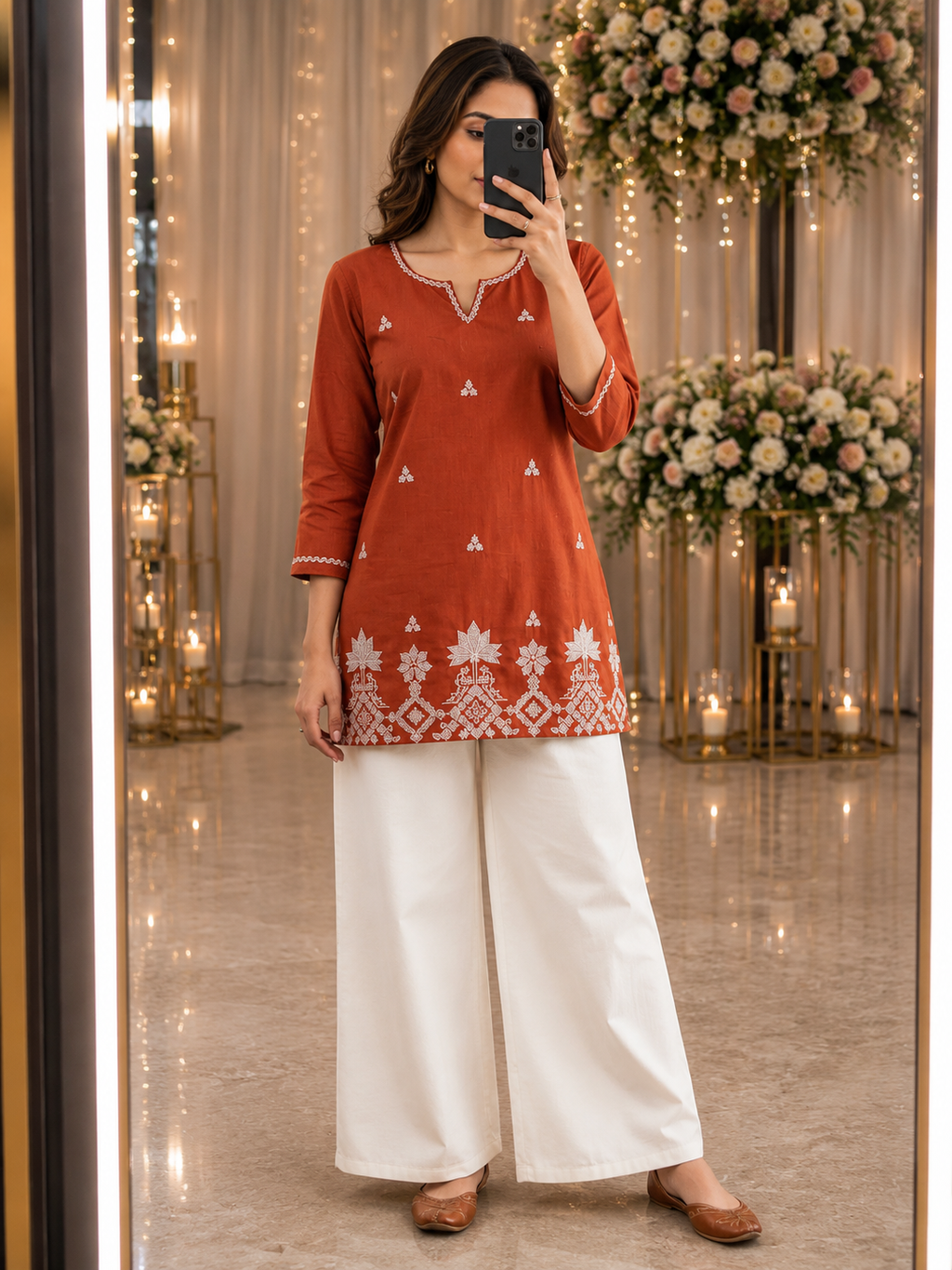 Orange Cotton Floral Elegance – Intricately Embroidered Straight Kurti with Statement White Border