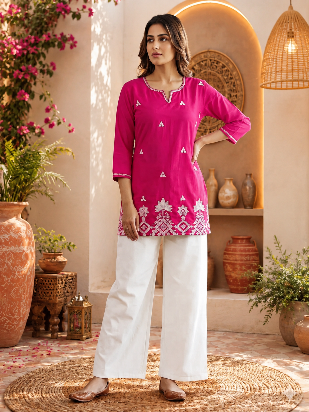 Rani Cotton Embroidered Straight Kurti with Intricate White Floral Border