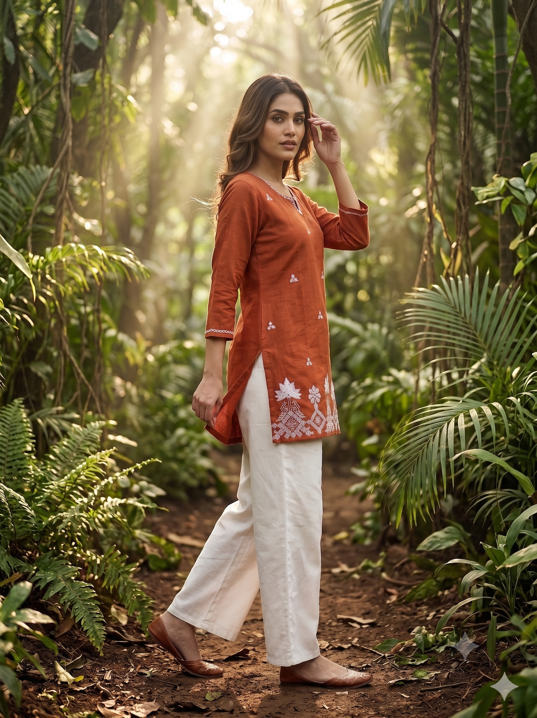 Charvi Cotton Embroidered Short Kurti with White Palazzo Set