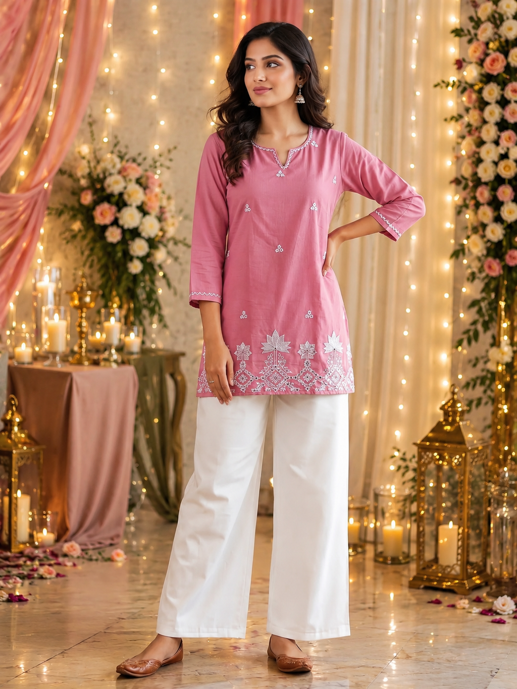 Party Wear Noir Elegance – Peach Cotton Straight Kurti with Exquisite White Floral Embroidery (Copy)