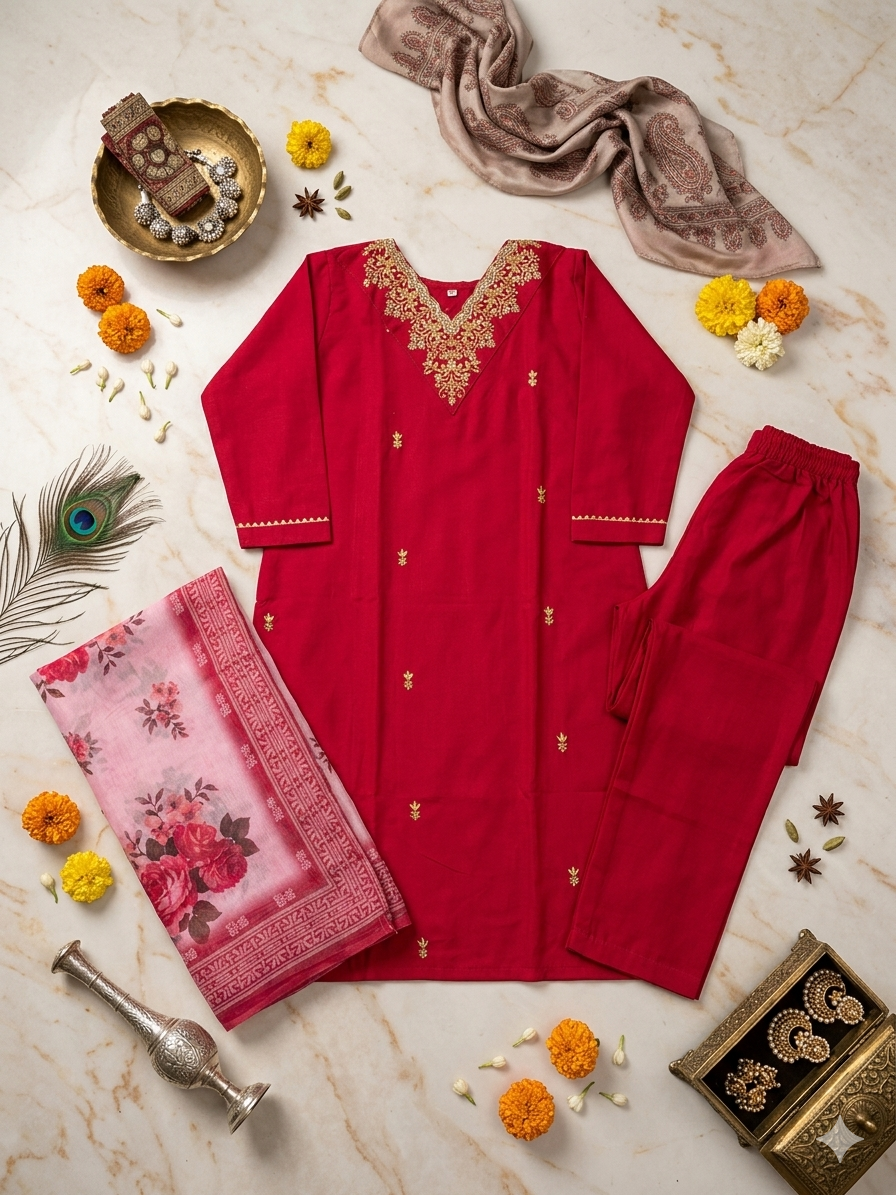 Classic Wine Pink Embroidered Kurta Pant Set with Floral Printed Dupatta