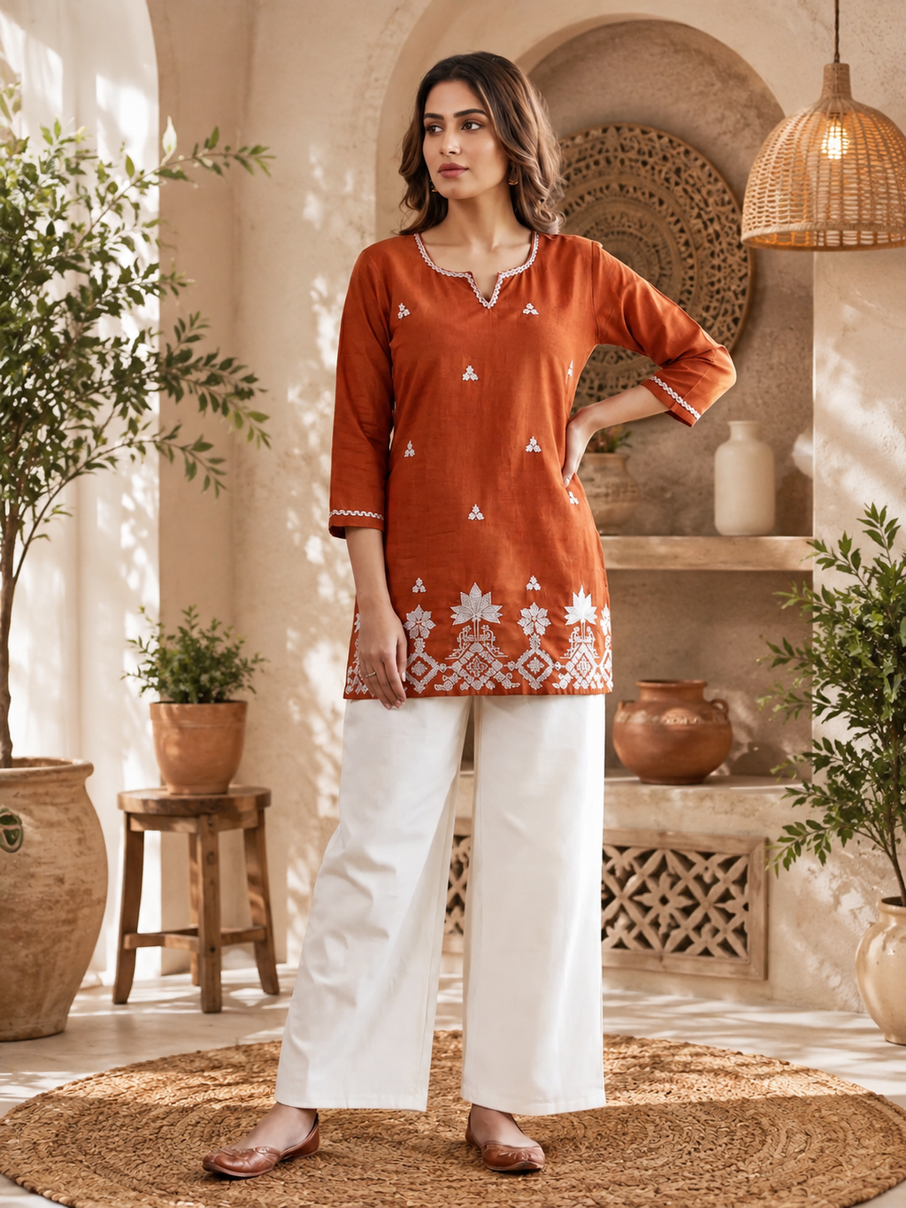 Charvi Embroidered Cotton Straight Kurti with Elegant Floral Palazzos
