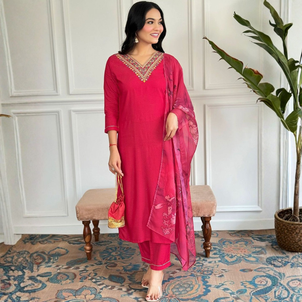 Ruby Pink Embroidered Kurta Set with Printed Dupatta