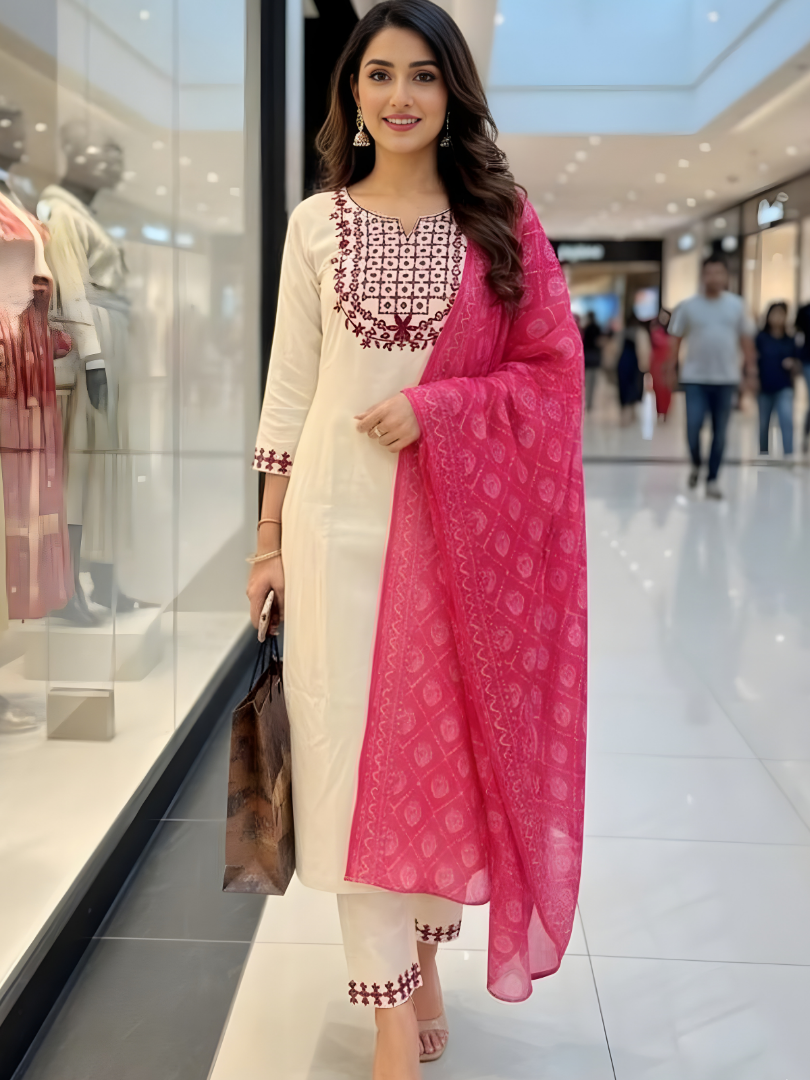 Ivory Rose Embroidered Kurta Set with Pink Printed Dupatta