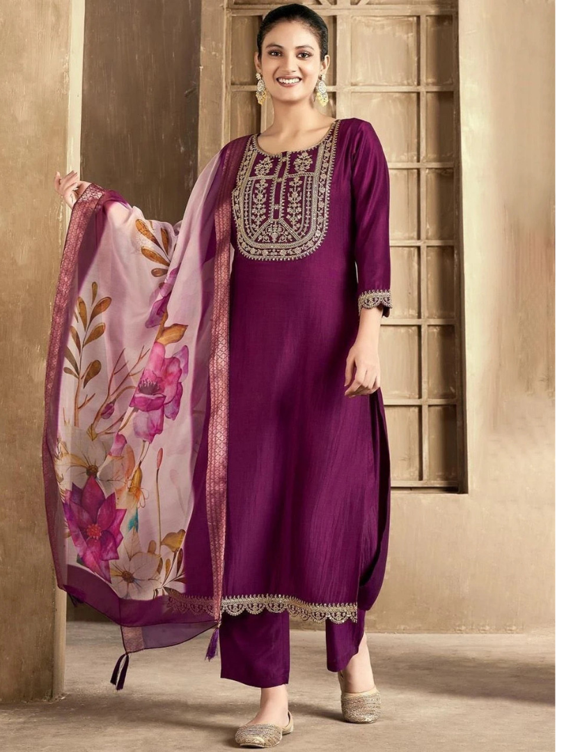 Women’s Embroidered Kurta Pant Dupatta Set | Designer Ethnic Suit Set | Festive & Party Wear