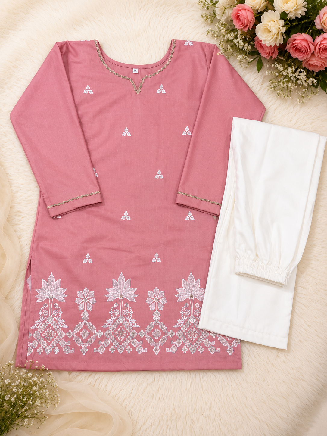 Graceful Embroidered Cotton Straight Kurti with Elegant Floral Palazzos