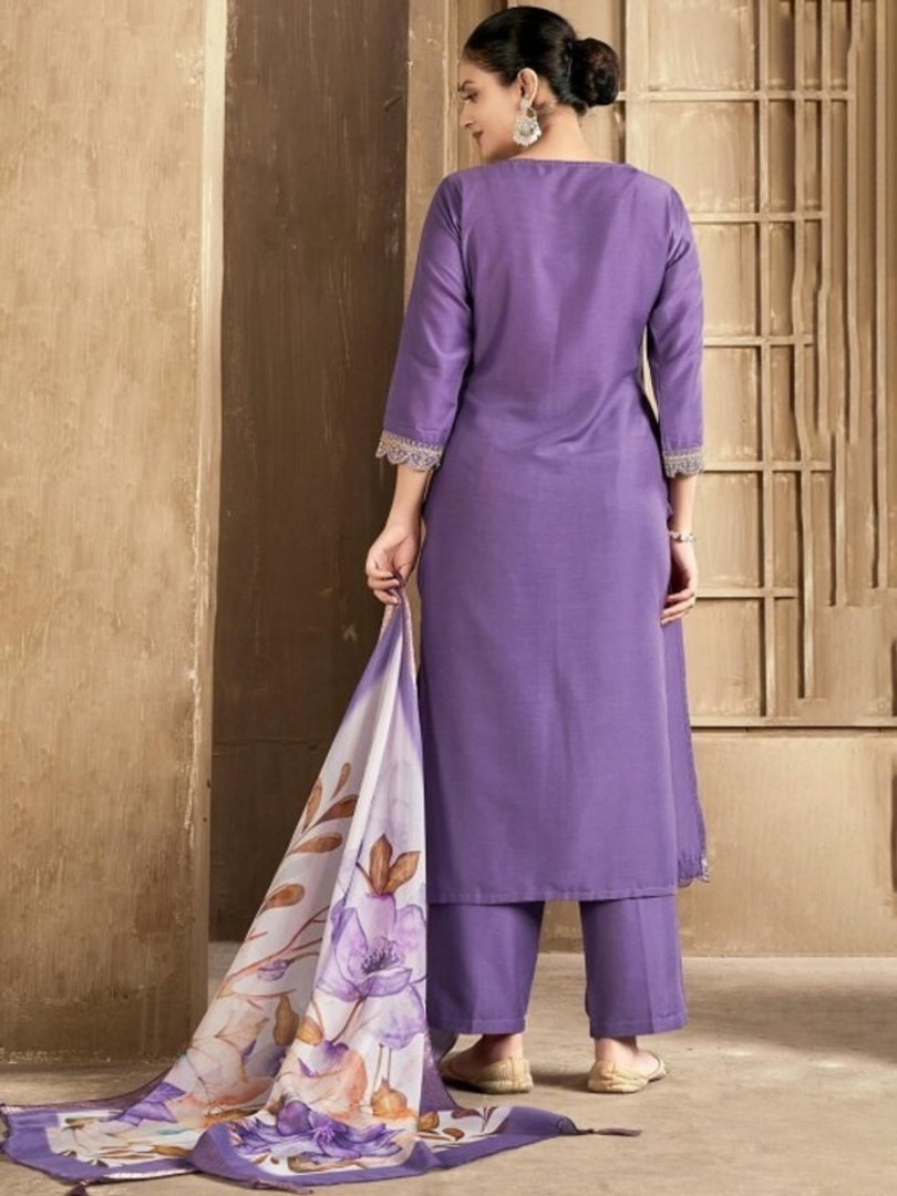 Lavender Embroidered Straight Kurta Set with Floral Printed Dupatta