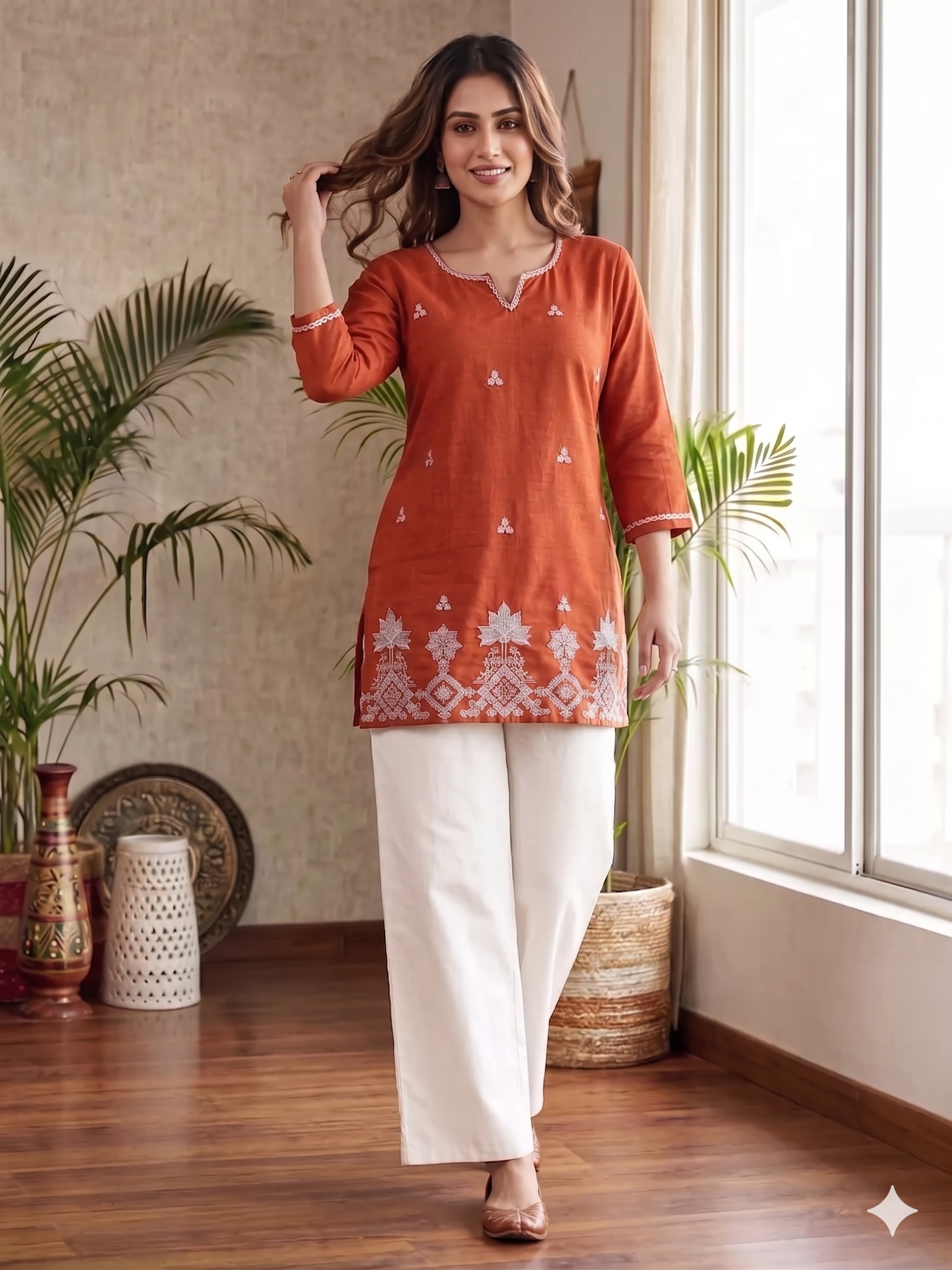 Elegant Orange Straight Kurti with Statement Floral Border With White Palazzos