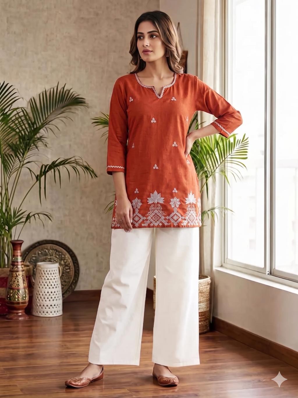 Orange & White Embroidered Kurti Set with Palazzo – Elegant Ethnic Co-Ord Set (Copy)