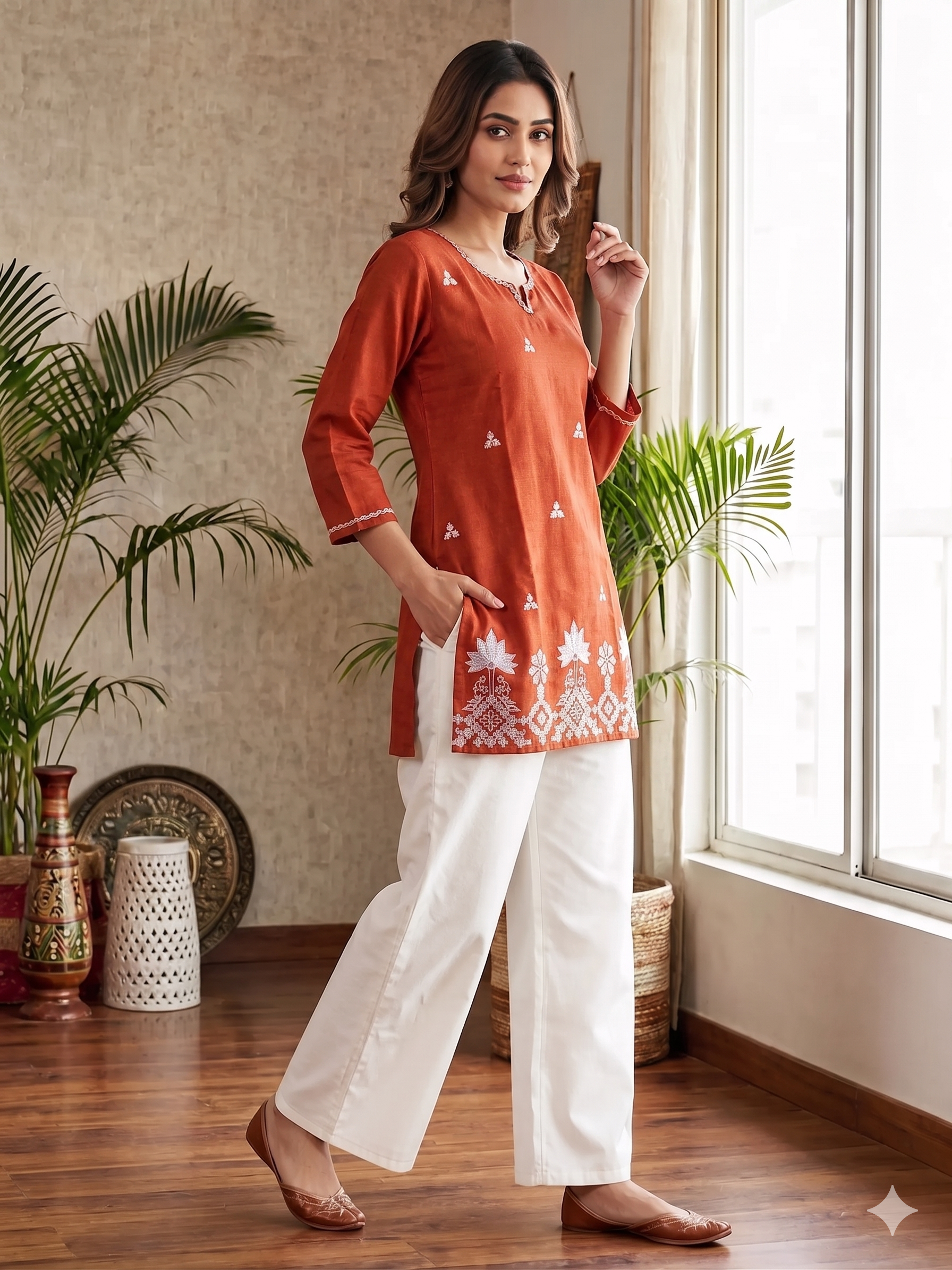 Orange & White Embroidered Kurti Set with Palazzo – Elegant Ethnic Co-Ord Set (Copy)