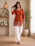 Orange Embroidered Straight Kurti with Intricate White Floral Border