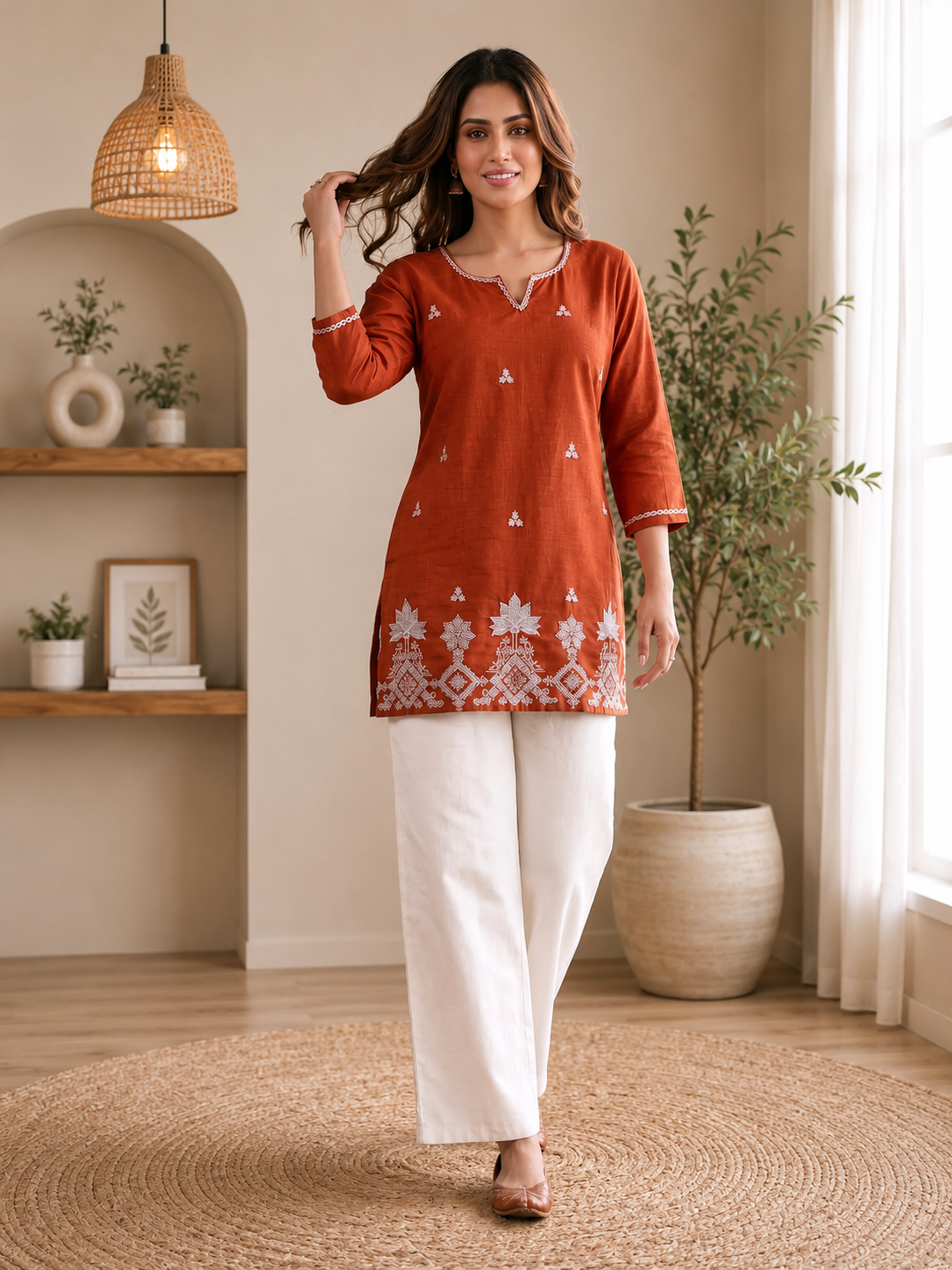 Orange Embroidered Straight Kurti with Intricate White Floral Border