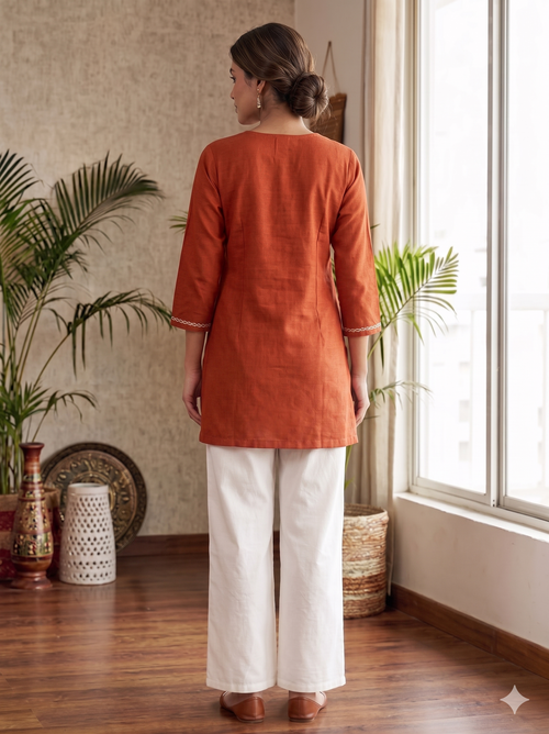 Orange & White Embroidered Kurti Set with Palazzo – Elegant Ethnic Co-Ord Set (Copy)