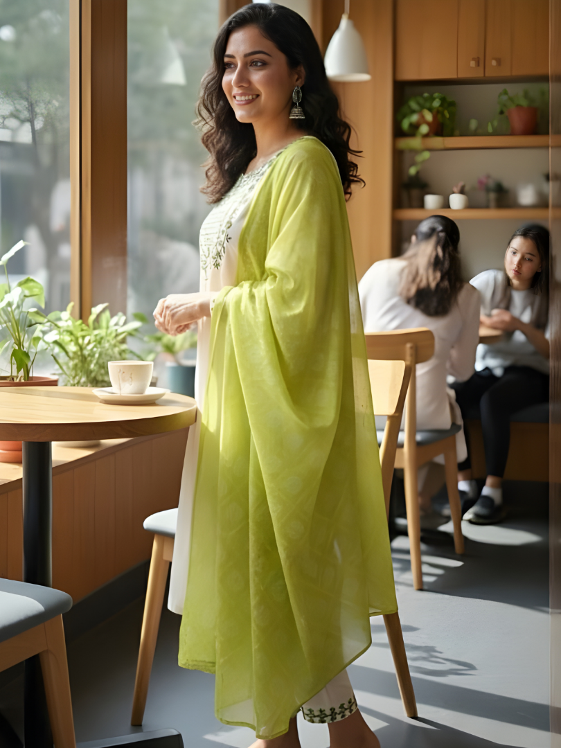 Ivory Green Embroidered Kurta Set with Lime Green Dupatta