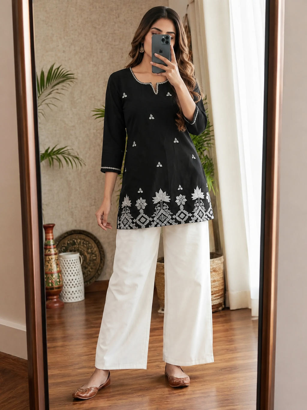 Latest Black Blossom – Premium Cotton Straight Kurti with Intricate White Embroidered Floral Border