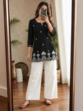 Latest Black Blossom – Premium Cotton Straight Kurti with Intricate White Embroidered Floral Border
