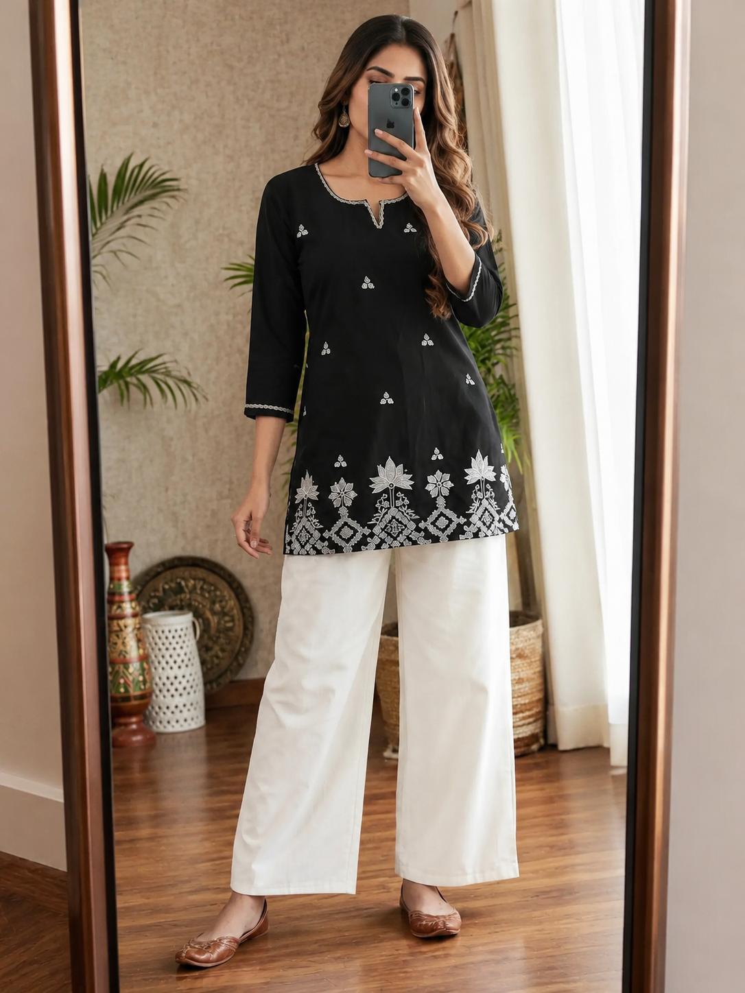 Latest Black Blossom – Premium Cotton Straight Kurti with Intricate White Embroidered Floral Border