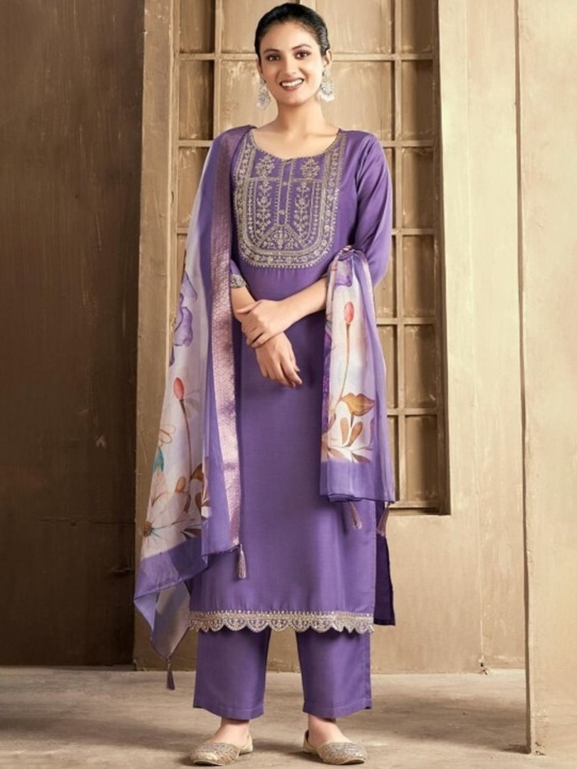 Lavender Embroidered Straight Kurta Set with Floral Printed Dupatta