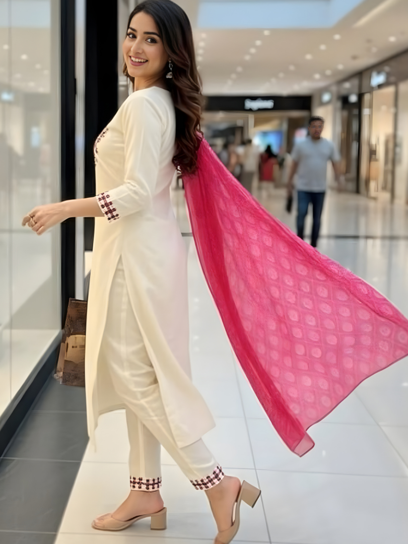 Ivory Rose Embroidered Kurta Set with Pink Printed Dupatta