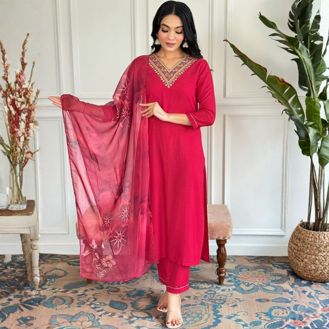 Ruby Pink Embroidered Kurta Set with Printed Dupatta