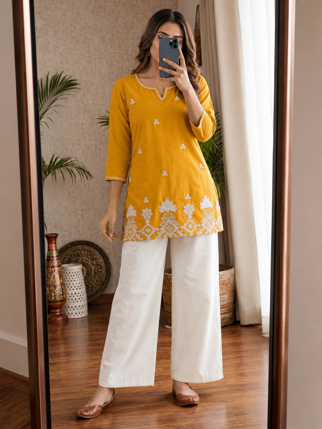 Beautiful Yellow Blossom – Premium Cotton Straight Kurti with Intricate White Embroidered Floral Border