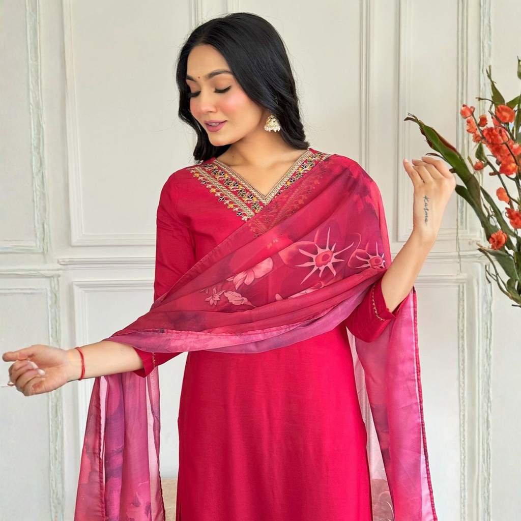 Ruby Pink Embroidered Kurta Set with Printed Dupatta