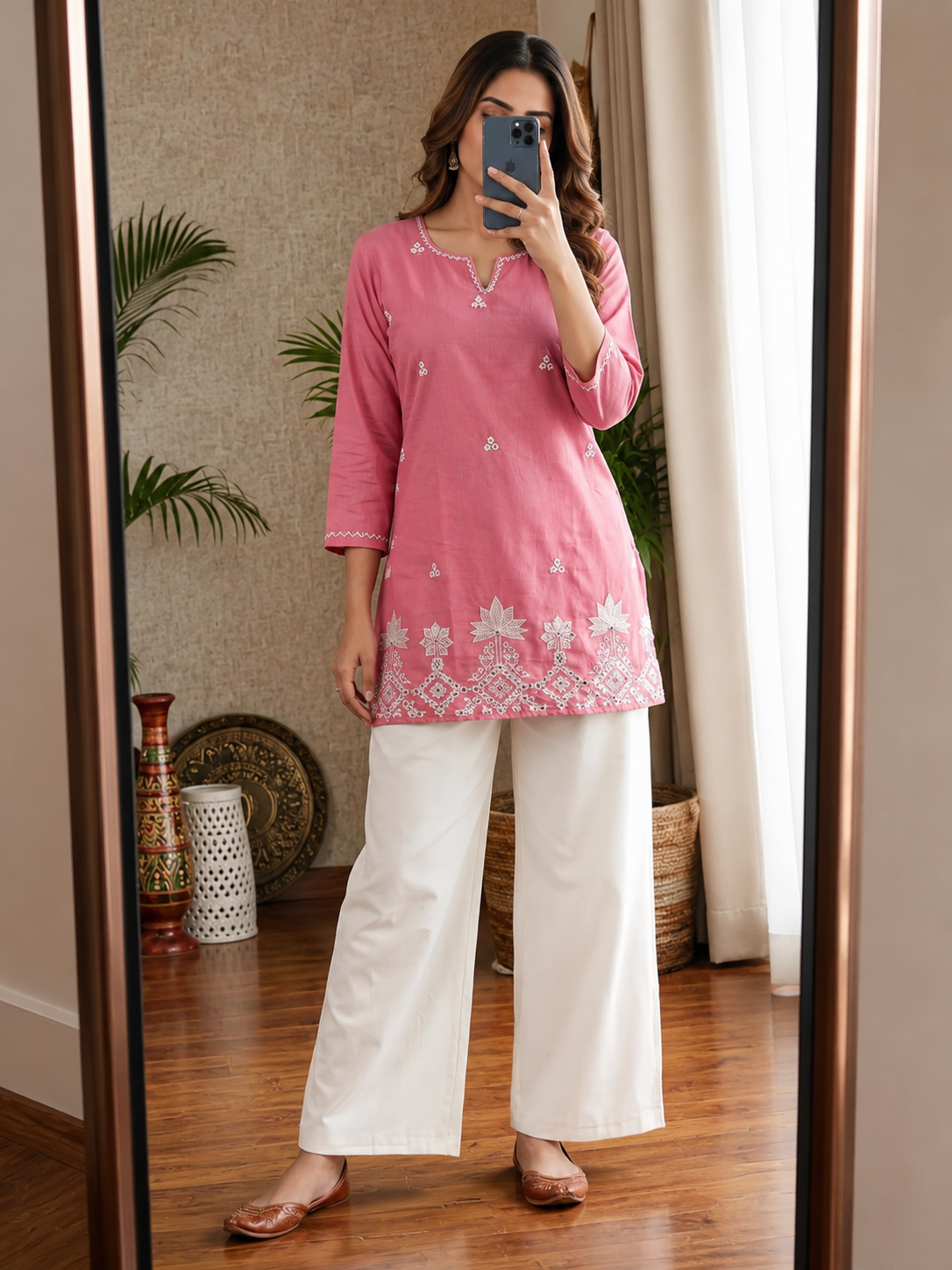 Gorgeous Peach Blossom – Premium Cotton Straight Kurti with Intricate White Embroidered Floral Border