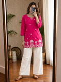 New Rani Blossom – Premium Cotton Straight Kurti with Intricate White Embroidered Floral Border