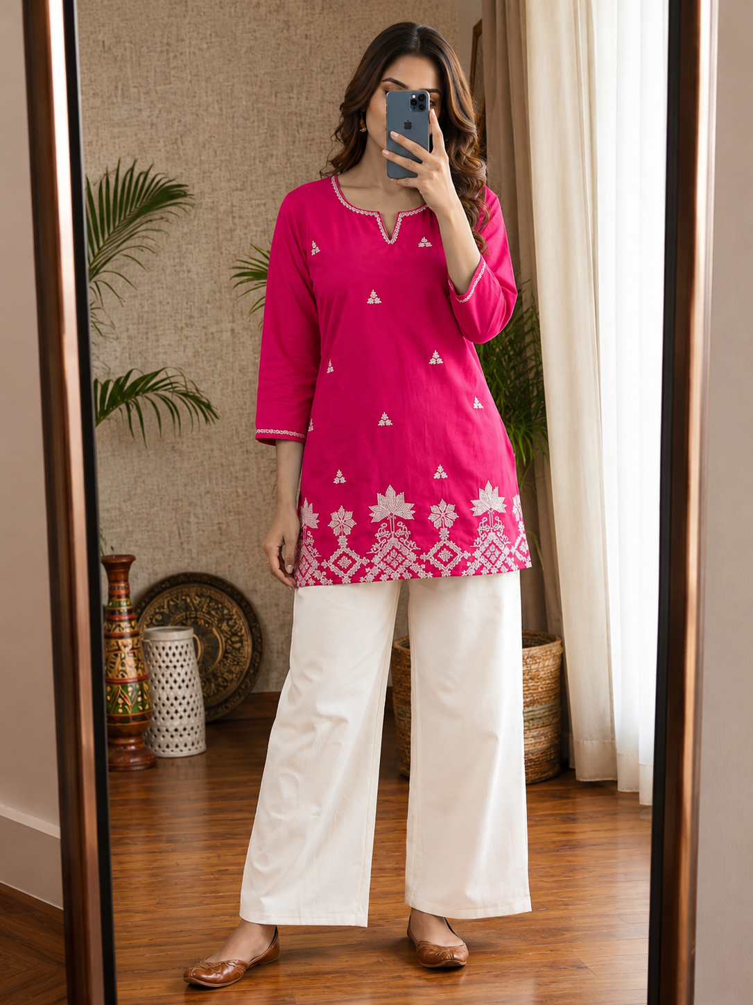 New Rani Blossom – Premium Cotton Straight Kurti with Intricate White Embroidered Floral Border
