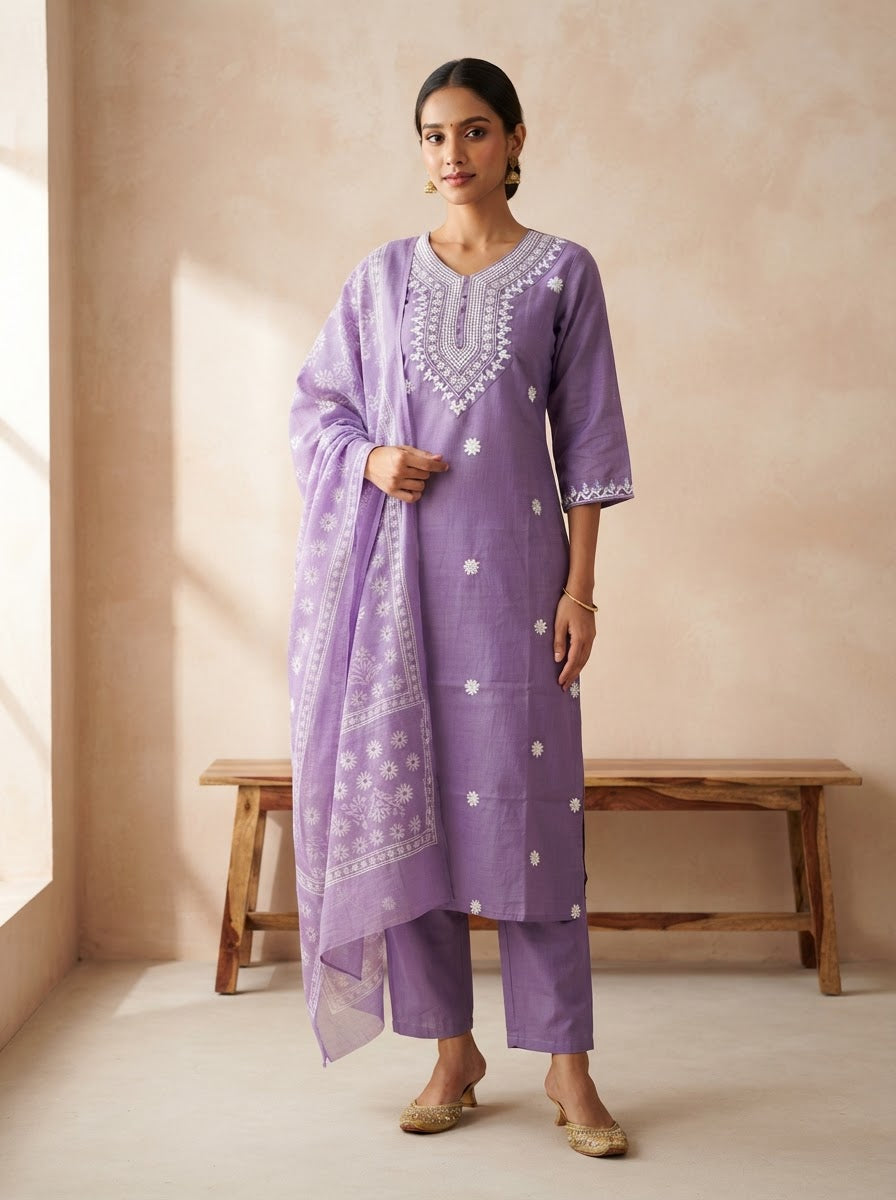 Elegant Lavender Chikankari Embroidered Kurta Pant Set with Dupatta