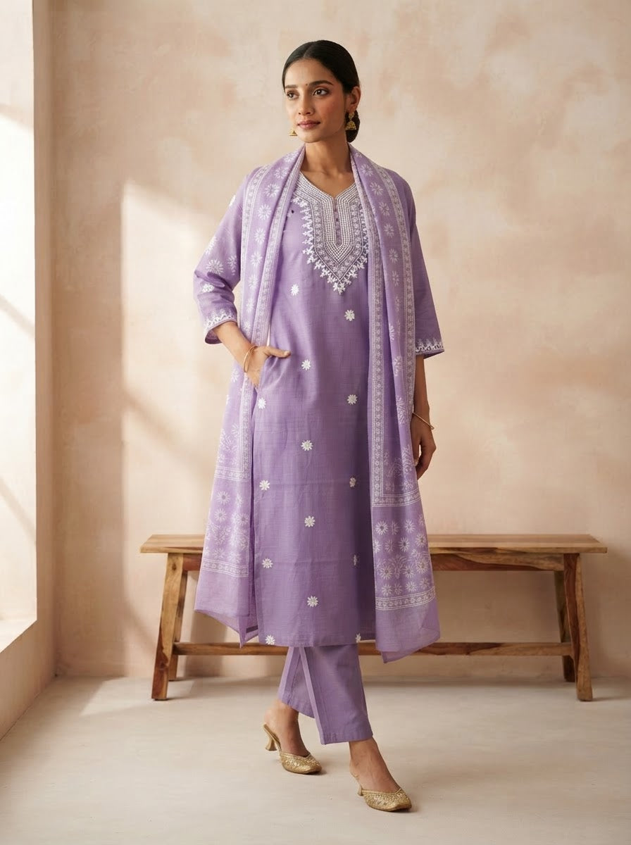 Elegant Lavender Chikankari Embroidered Kurta Pant Set with Dupatta