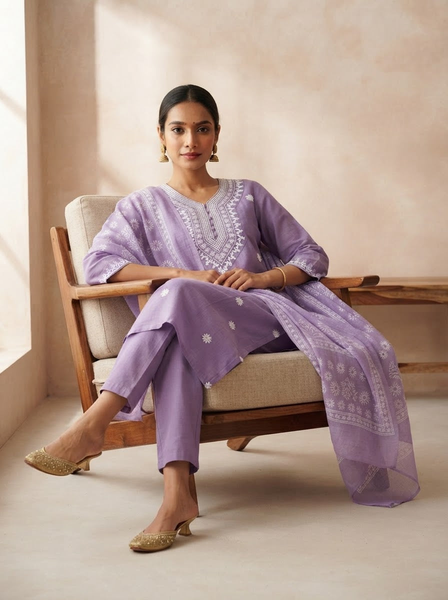Elegant Lavender Chikankari Embroidered Kurta Pant Set with Dupatta