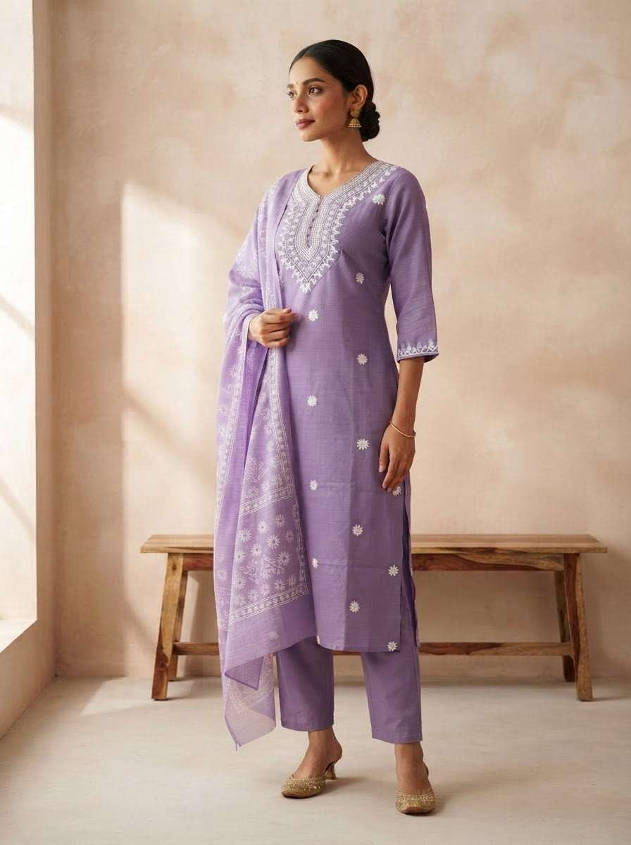 Elegant Lavender Chikankari Embroidered Kurta Pant Set with Dupatta
