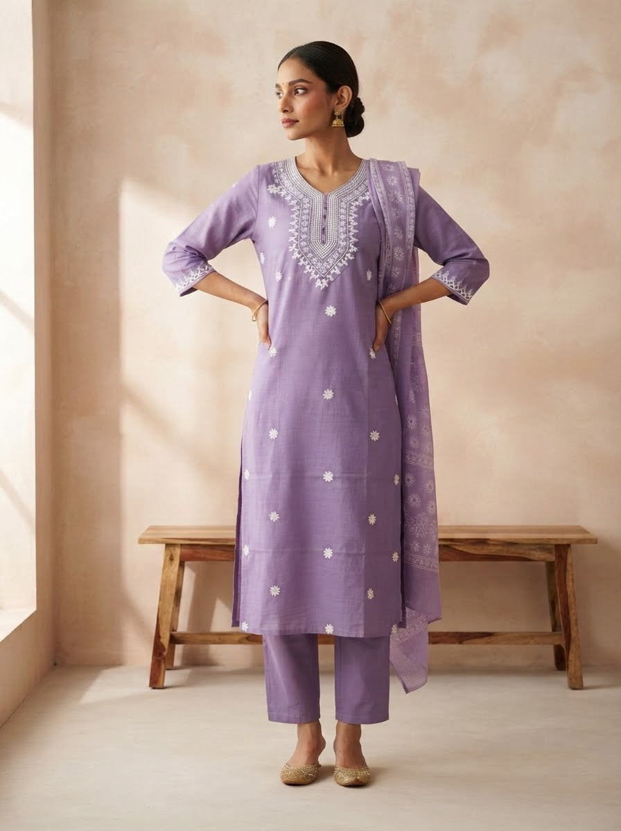 Elegant Lavender Chikankari Embroidered Kurta Pant Set with Dupatta