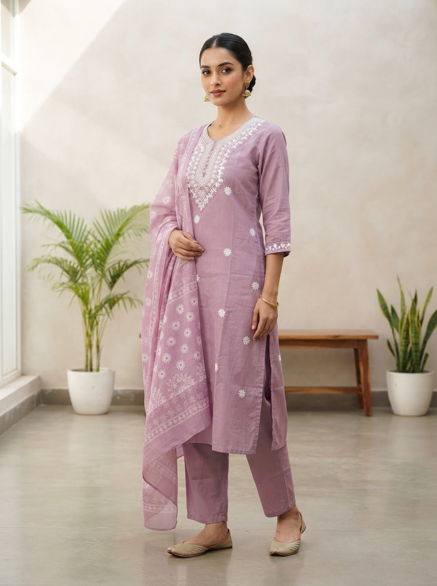 Premium Mauve Chikankari Ethnic Suit Set for Women