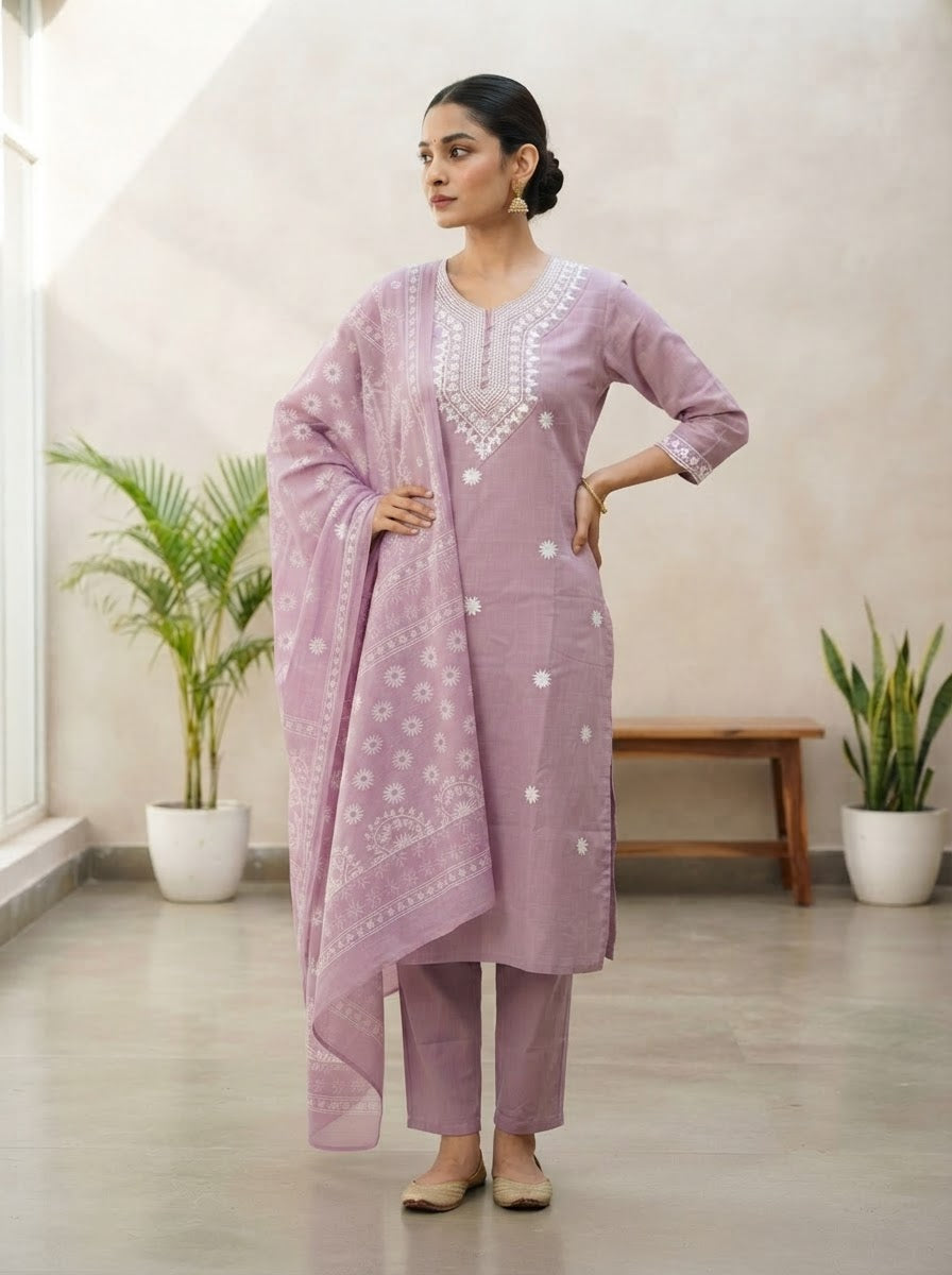 Premium Mauve Chikankari Ethnic Suit Set for Women