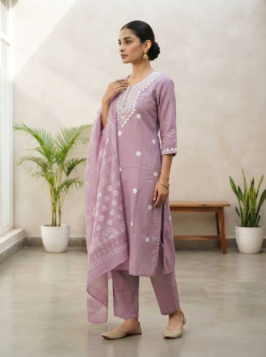 Premium Mauve Chikankari Ethnic Suit Set for Women