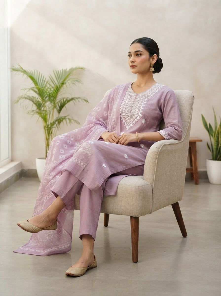 Premium Mauve Chikankari Ethnic Suit Set for Women