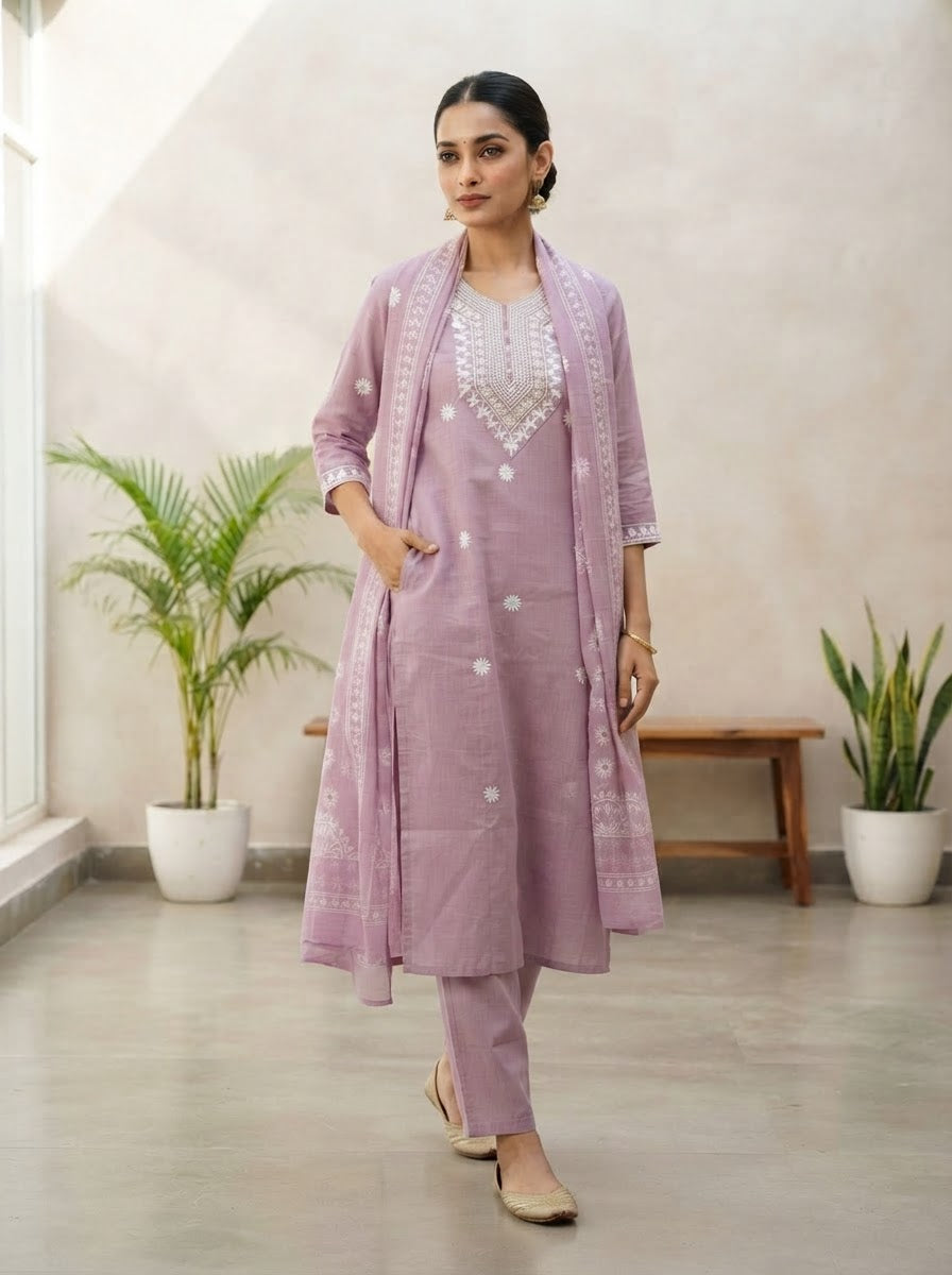 Premium Mauve Chikankari Ethnic Suit Set for Women