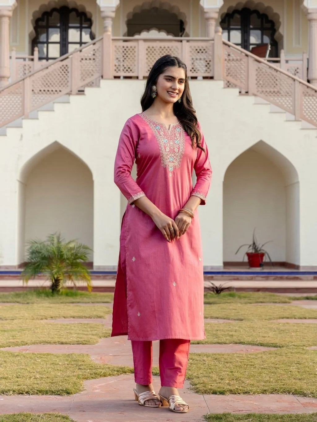 Pink Viscose Embroidered Straight Kurta With Viscose Silk Pant & Jacquard Dupatta Set