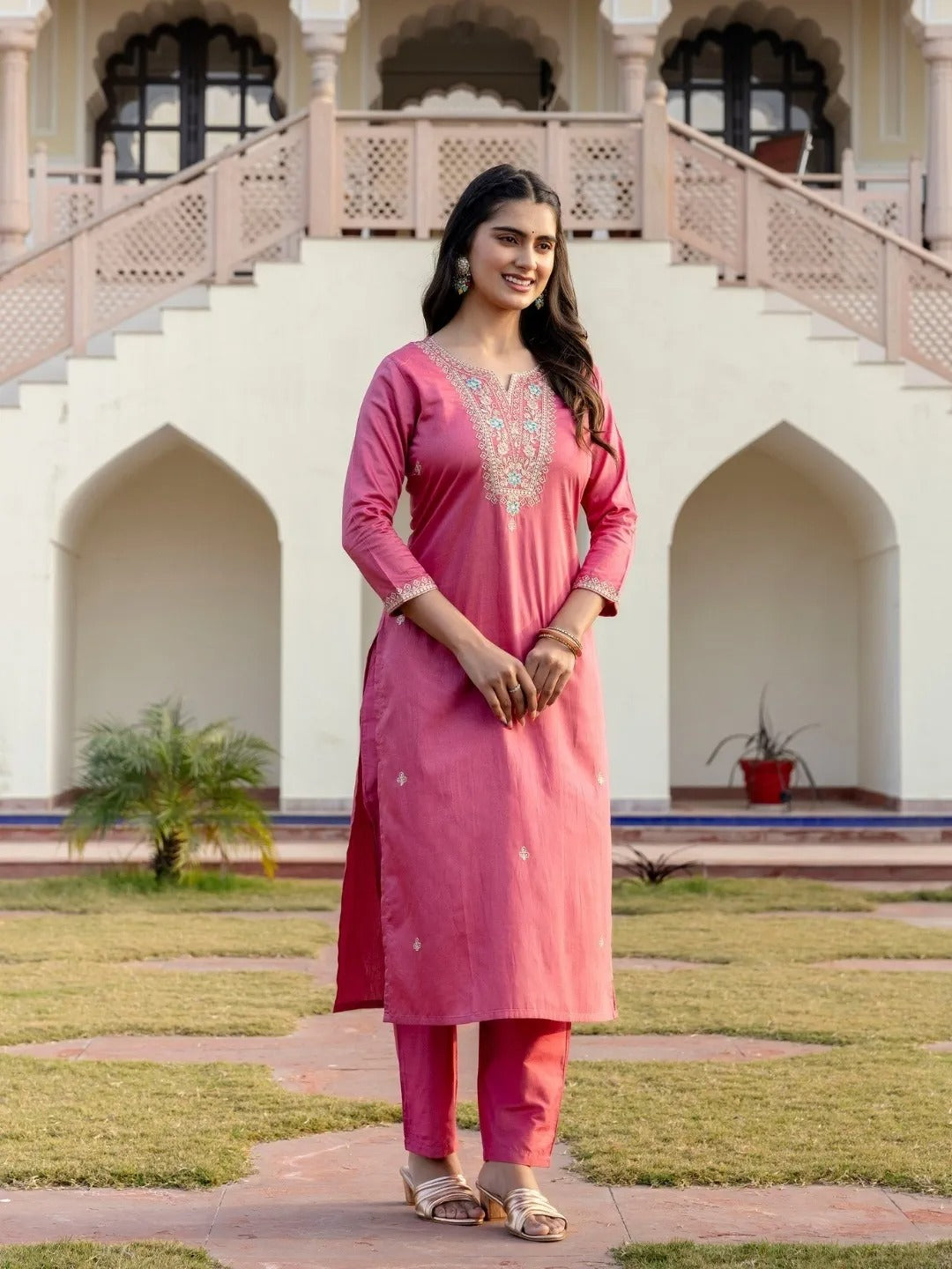 Pink Viscose Embroidered Straight Kurta With Viscose Silk Pant & Jacquard Dupatta Set
