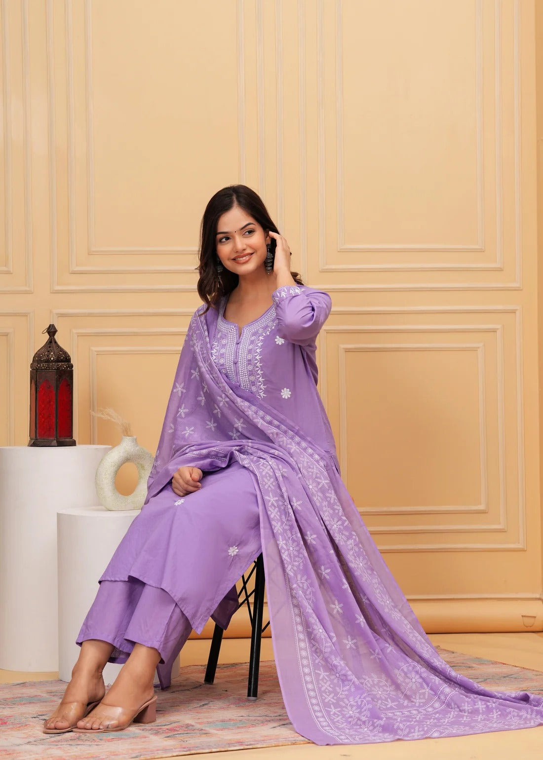 Graceful Lavender Chikankari Kurta Set with Embroidered Dupatta
